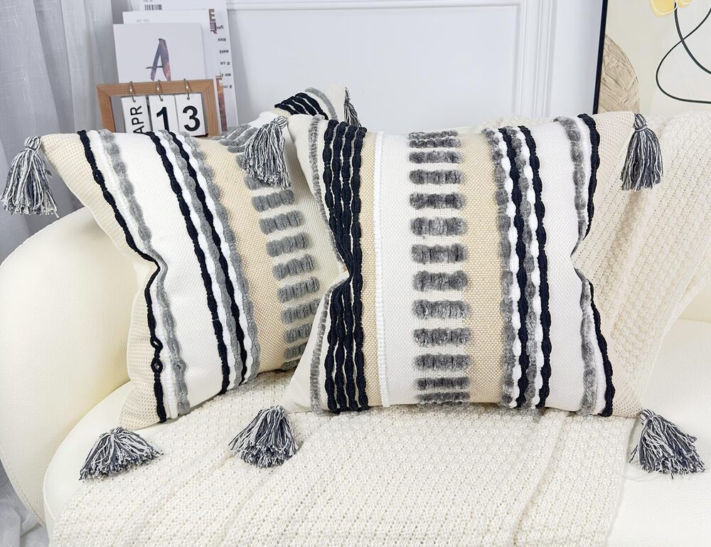 5002 Boho Throw Pillow Covers 16x16 Aesthetic Neutral Boucle Couch Pillow